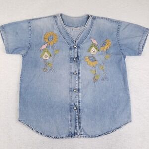 Vintage Donna Denim Sunflower Birdhouse Embroidered Button Up Shirt Made in USA